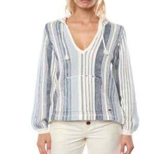 O’Neill Blue White Striped Campfire Knit Pullover Hoodie Medium